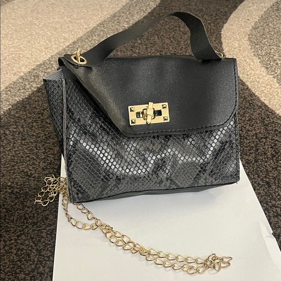 Handbags - Black Snakeskin Mini Bag w/ Gold Chain Strap